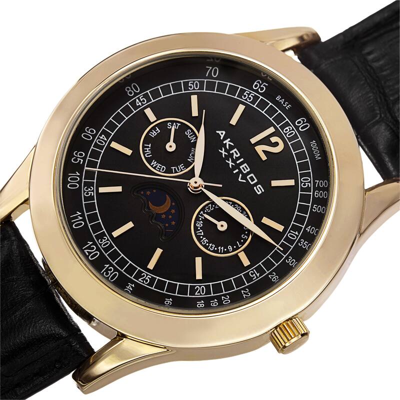 Akribos XXIV Men's Multifunction Quartz Leather Gold-Tone Strap Watch