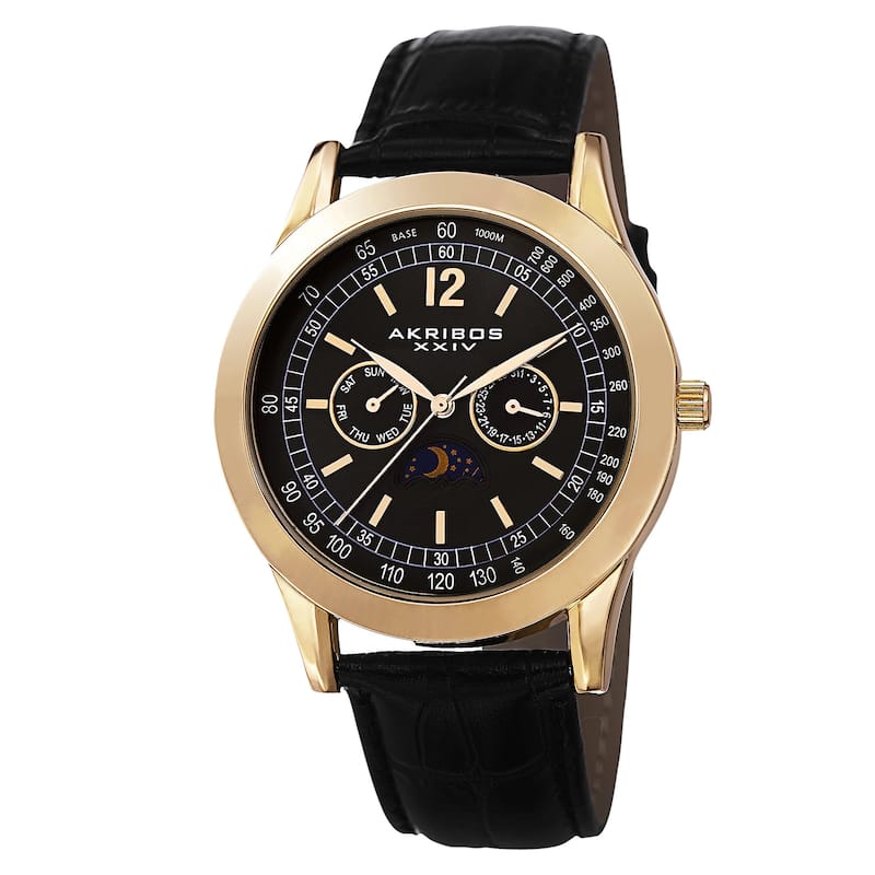 Akribos XXIV Men's Multifunction Quartz Leather Gold-Tone Strap Watch