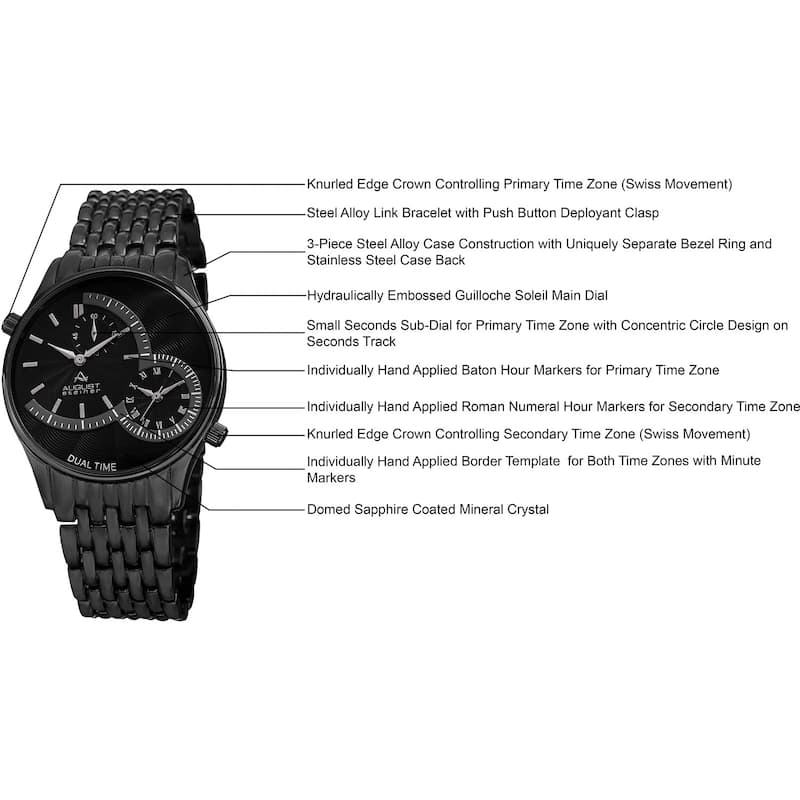 August Steiner Men's Swiss Quartz Dual Time Black Bracelet Watch