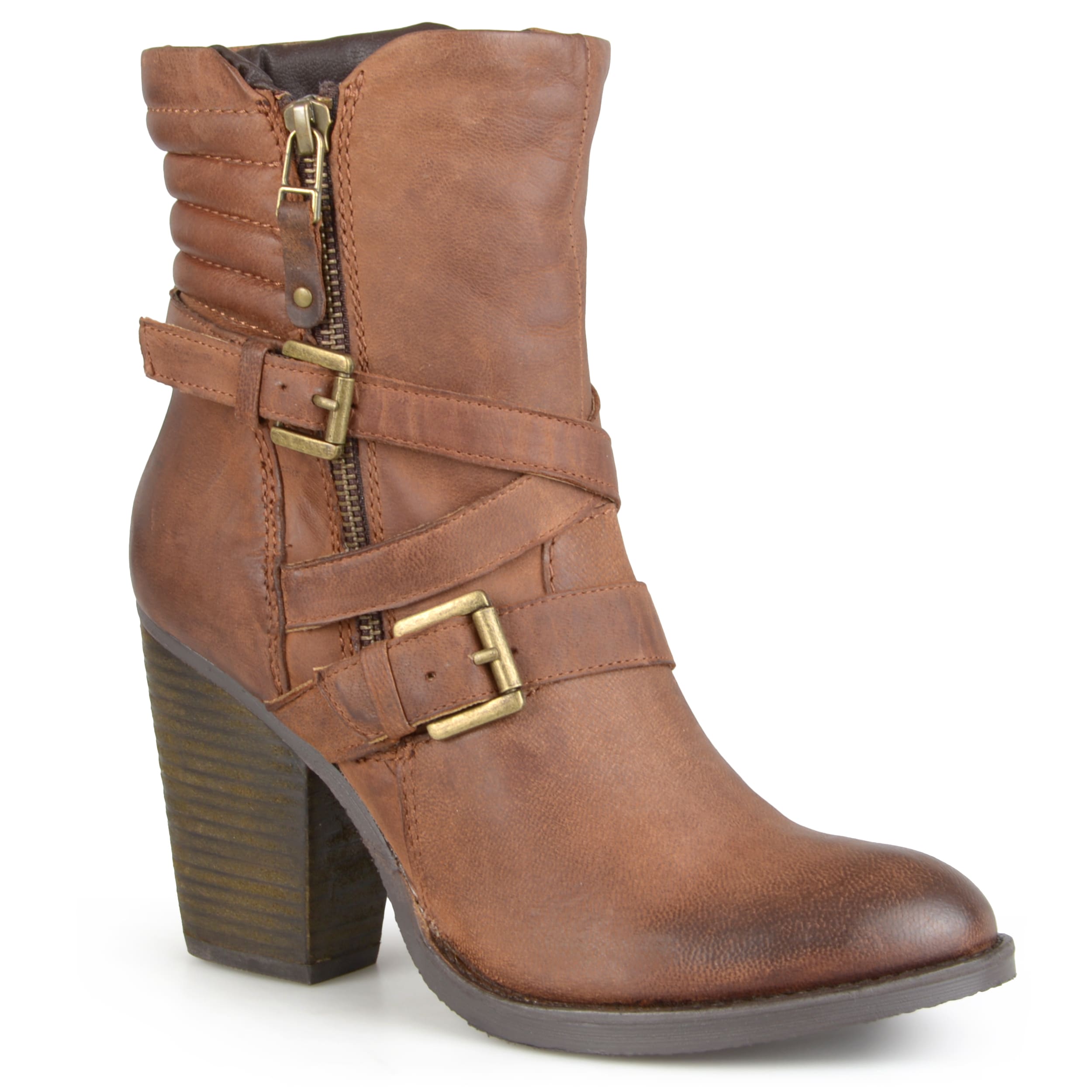 buckle strap heeled boots