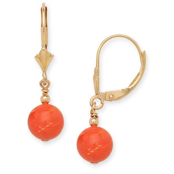 Curata 14k Yellow Gold Turquoise, Onyx or Coral Ball Leverback Earrings - Coral