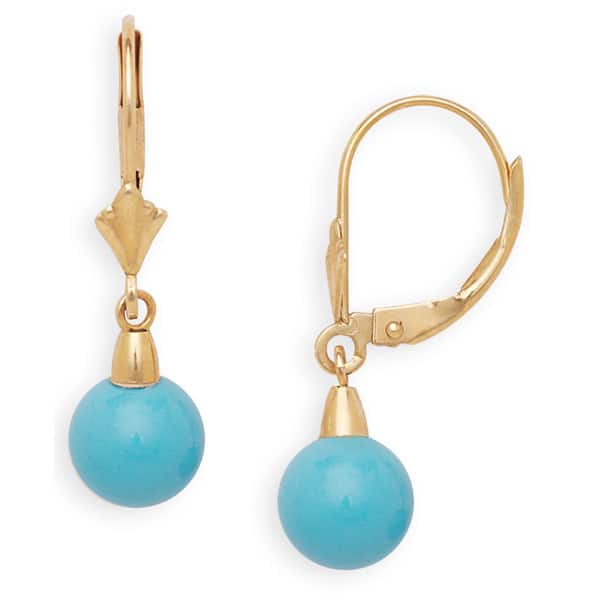 Curata 14k Yellow Gold Turquoise, Onyx or Coral Ball Leverback Earrings - Turquoise