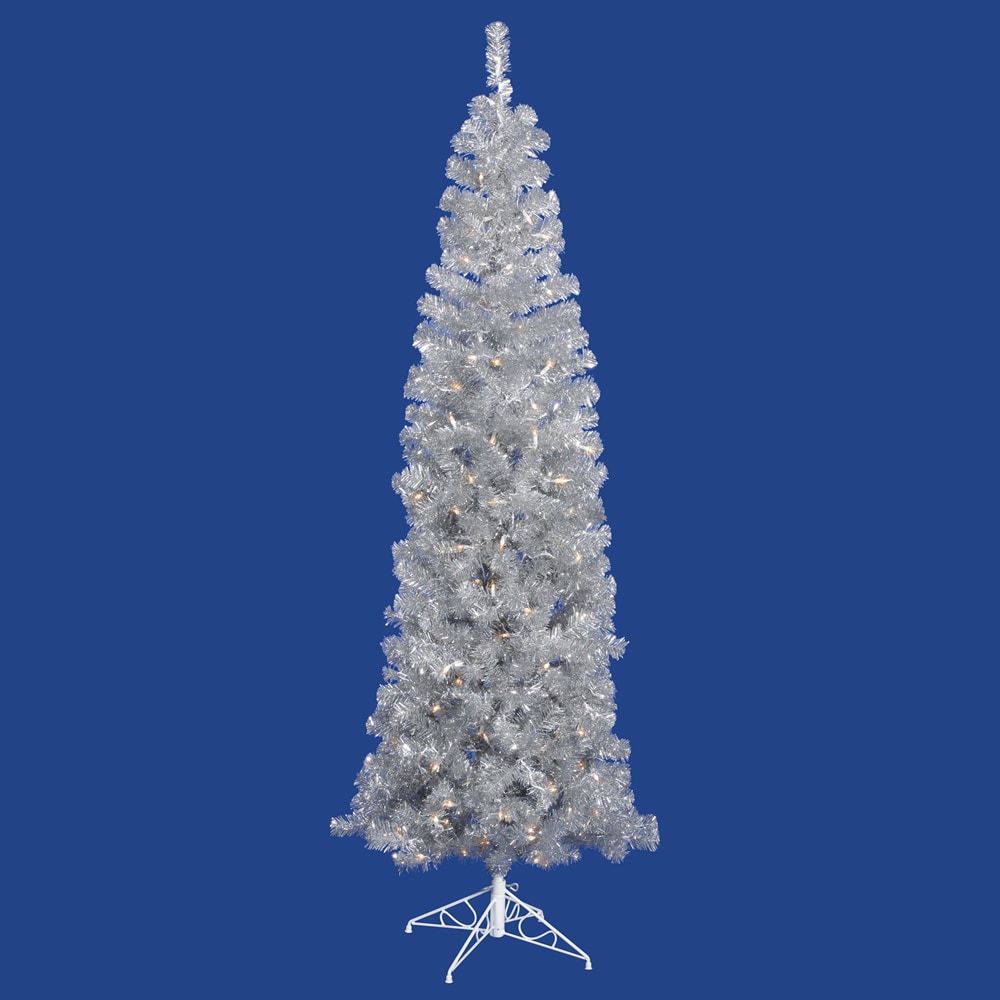 Shop 7.5' Prelit Silver Artificial Pencil Tinsel Christmas Tree