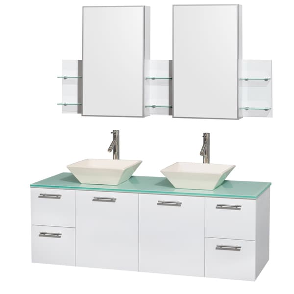 Wyndham Collection Amare 60-inch Double Vanity in Glossy White with Green Glass Countertop/ Medicine Cabinet