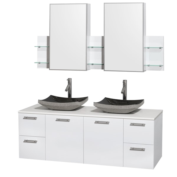 Wyndham Collection Amare 60-inch Double Vanity in Glossy White with White Stone Countertop/ Medicine Cabinet