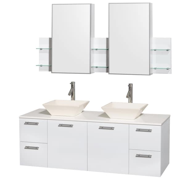 Wyndham Collection Amare 60-inch Glossy White Double Vanity with White Stone Countertop/ Medicine Cabinet
