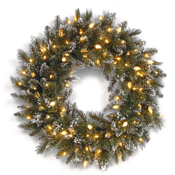 24-inch Glittery Bristle Pine Wreath with 50 Low Voltage Warm White LED Lights with C7 Diamond Caps