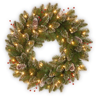 National Tree Company 2 ft. Glittery Mountain Spruce Wreath with White Edged Cones, Red Berries and Lights - 2 ft