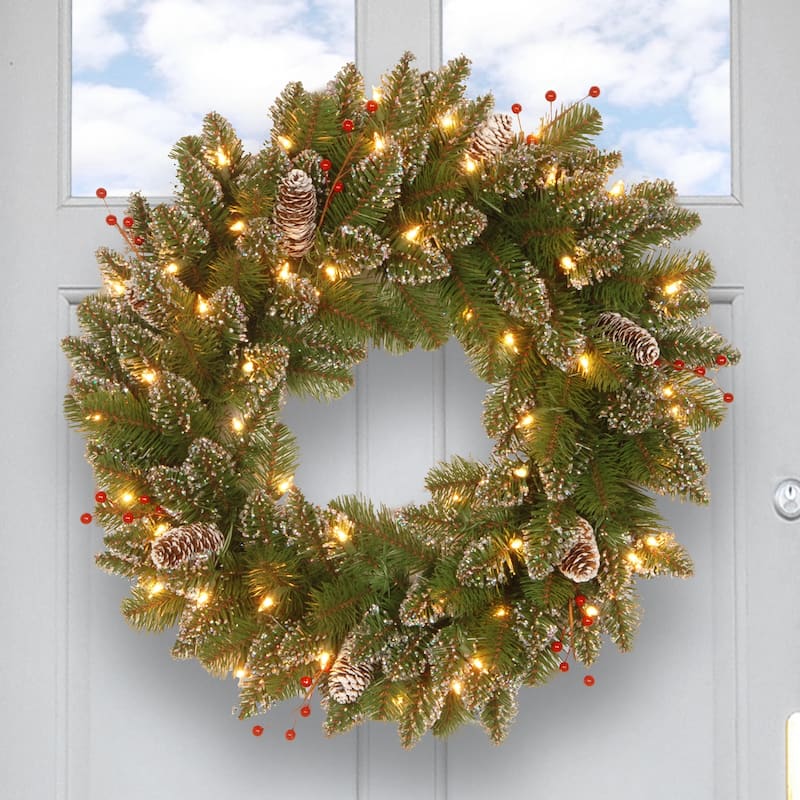 National Tree Company 2 ft. Glittery Mountain Spruce Wreath with White Edged Cones, Red Berries and Lights - 2 ft