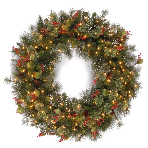 36-inch Wintry Pine Wreath with Cones, Red Berries, Snowflakes with 150 Clear Lights
