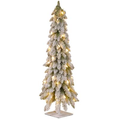 4-foot Snowy Christmas Tree with Flocking, Metal Plate and 100 Clear Lights