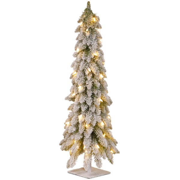 4-foot Snowy Christmas Tree with Flocking, Metal Plate and 100 Clear Lights. Opens flyout.