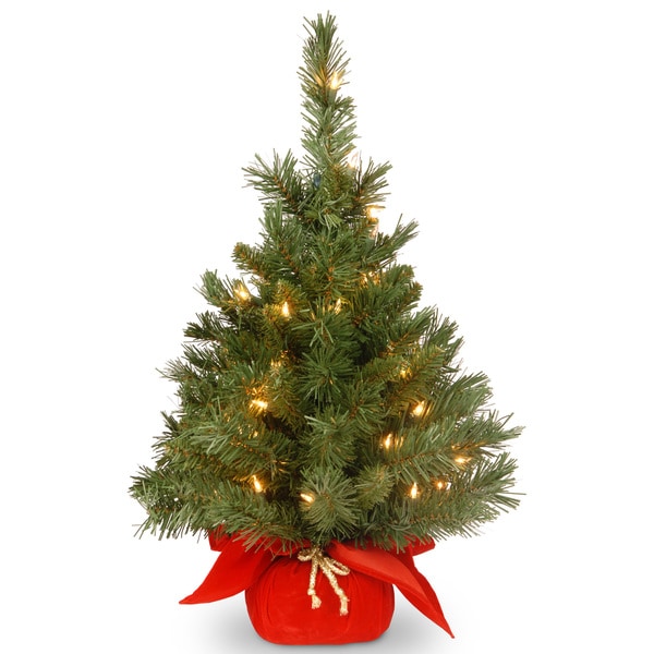 24-inch Majestic Fir Tree in Red Cloth Bag with 35 Clear Lights