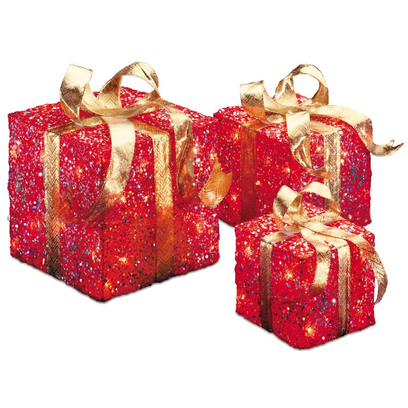 National Tree Company 6 inch, 8 inch and 10 inch Assorted Red Sisal Gift Boxes with 20, 20 and 35 Clear Indoor/ Outdoor Lights
