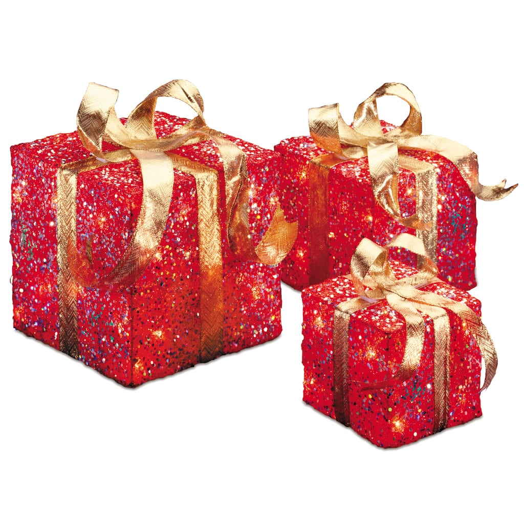 National Tree Company 6 inch, 8 inch and 10 inch Assorted Red Sisal Gift Boxes with 20, 20 and 35 Clear Indoor/ Outdoor Lights