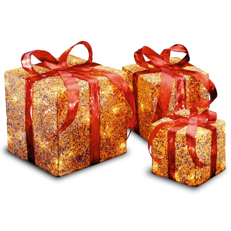 National Tree Company 6 inch, 8 inch and 10 inch Assorted Gold Sisal Gift Boxes with 20, 20 and 35 Clear Indoor/ Outdoor Lights