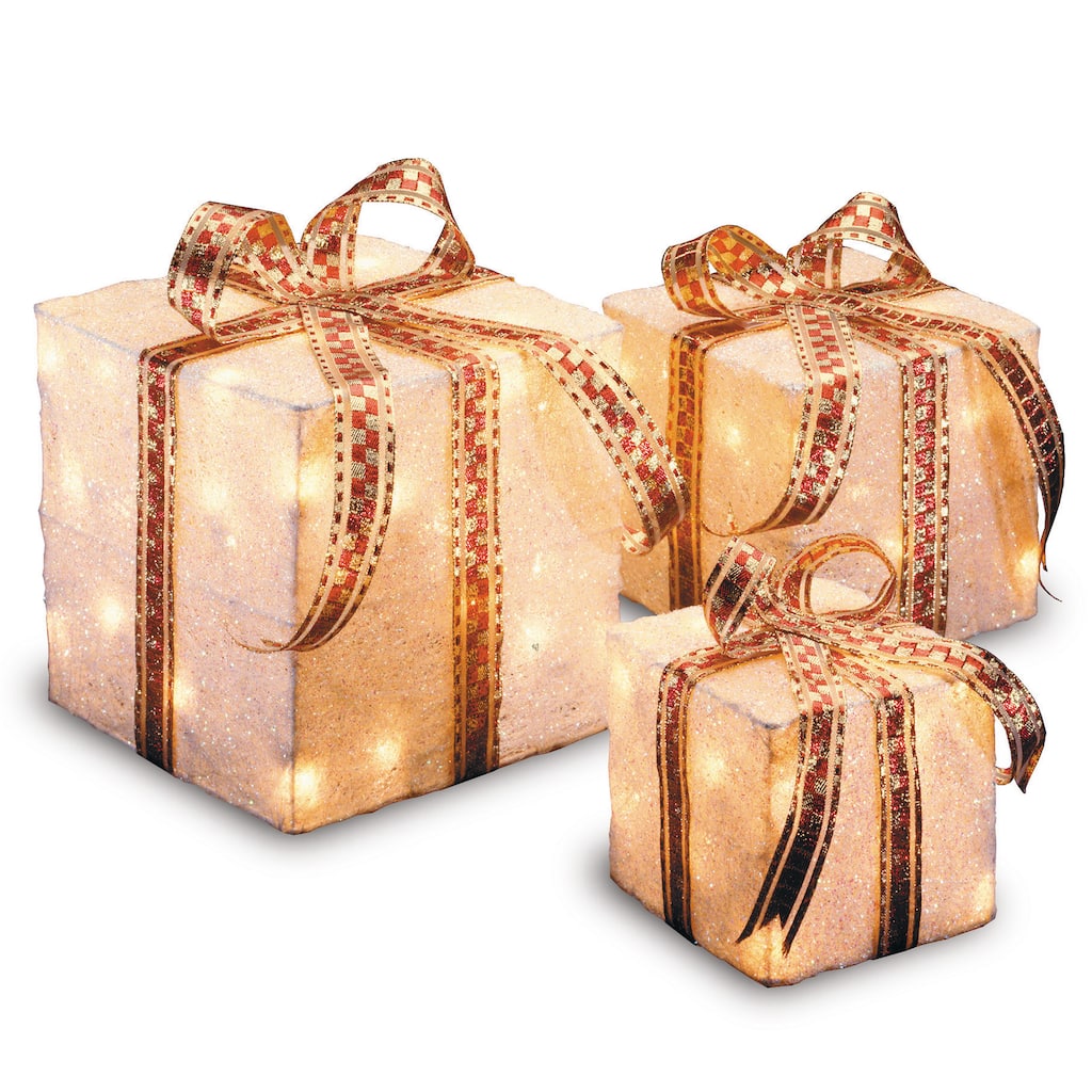 National Tree Company White Sisal Pre-lit Indoor/Outdoor 3-piece Decorative Gift Box Set - 6 in