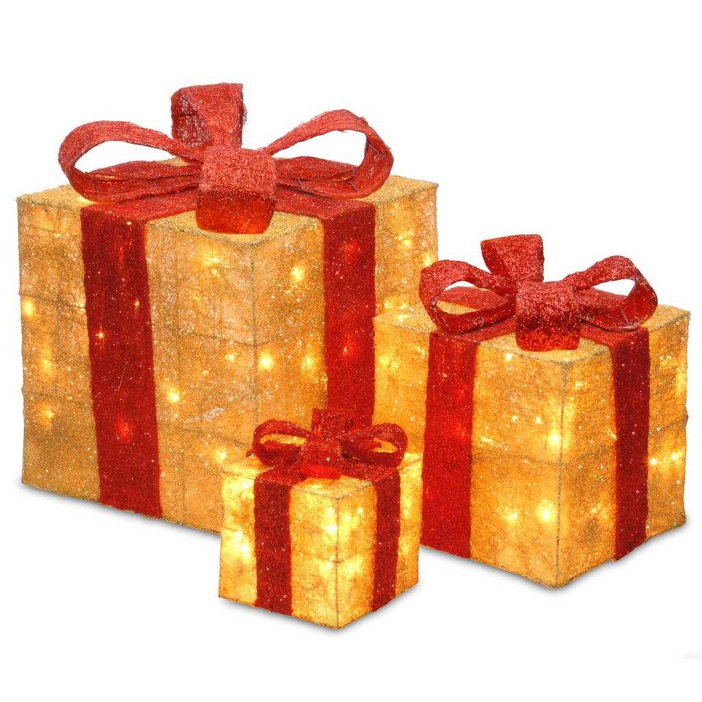 National Tree Company 6 inch, 10 inch and 14 inch Assorted Gold Sisal Gift Boxes with 20, 20 and 35 Clear Lights - 6 in
