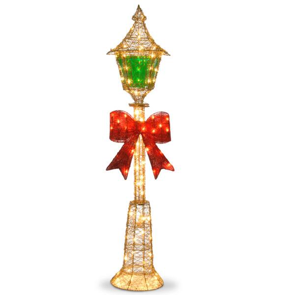 slide 1 of 3, 60-inch Gold Wire Lamp Post with Green PVC Film and Red Bow and 85 Clear Indoor/ Outdoor Lights