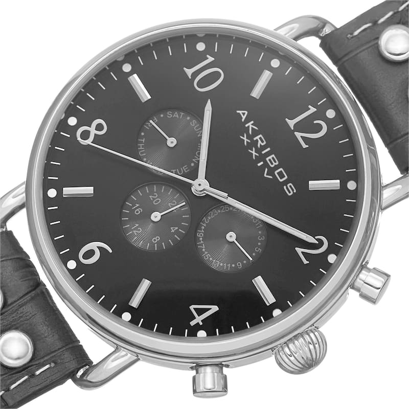 Akribos XXIV Men's Swiss Quartz Multifunction Leather Silver-Tone Strap Watch