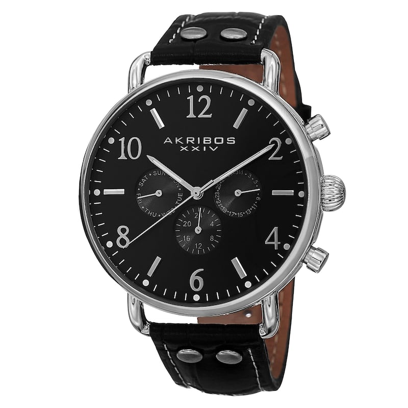 Akribos XXIV Men's Swiss Quartz Multifunction Leather Silver-Tone Strap Watch