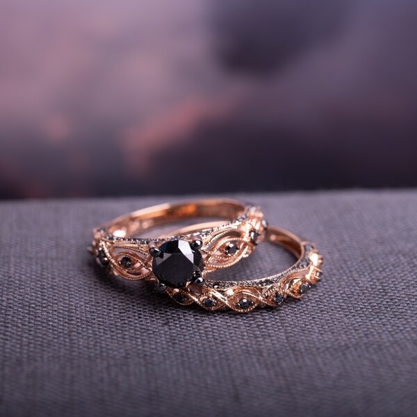 Miadora 10k Rose Gold with Black Rhodium 1 3/8ct TDW Black Diamond Infinity Bridal Ring Set - Pink
