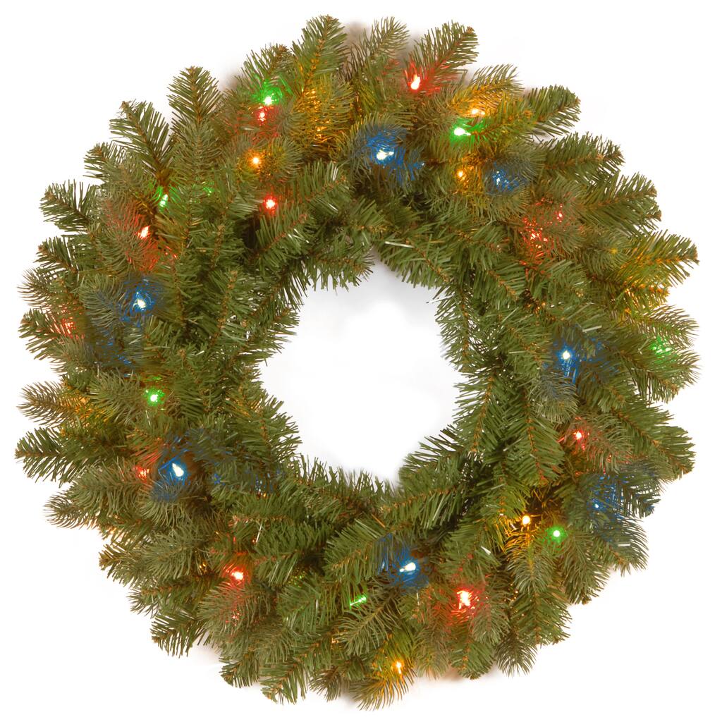 National Tree Company 26 in. -inchFeel-Real-inch Down Swept Douglas Wreath with 50 Low Voltage Multi LED Lights and Caps