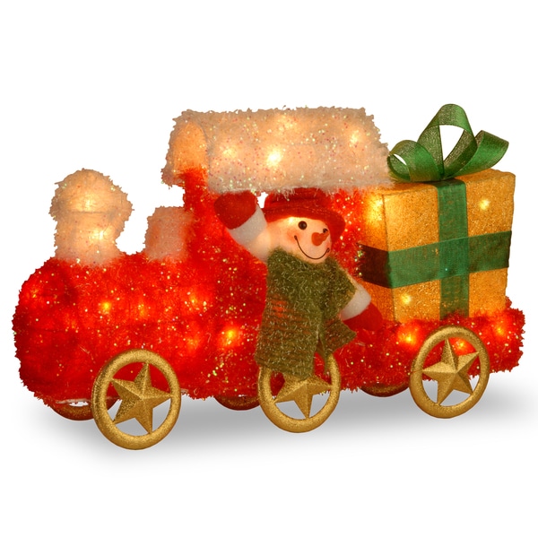 23 inch tinsel train with gift and snowman with green scarf with 35 clear outdoor - Outdoor Tinsel Christmas Decorations 23 inch tinsel train with gift and snowman with green scarf with 35 clear outdoor - Outdoor Tinsel Christmas Decorations