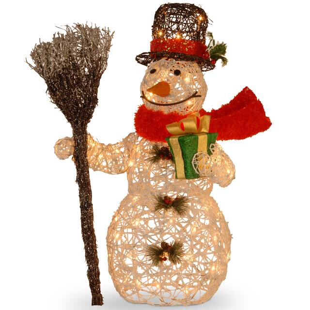 27-inch White Ratton Snowman Holding Gift and Broom with 50 Clear Outdoor Lights
