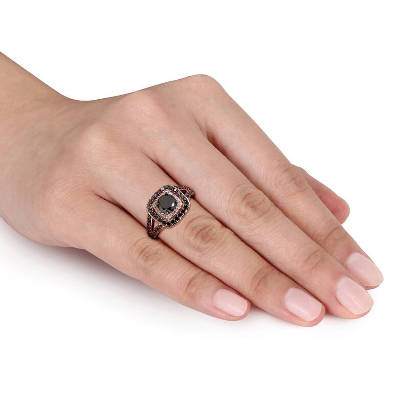 Miadora 14k Rose Gold 2ct TDW Black and White Diamond Double Halo Ring