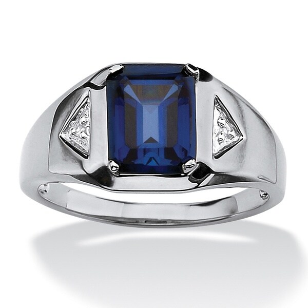 Men's 2.75 TCW Emerald-Cut Sapphire and Diamond Accented Ring in Platinum over Sterling Si - Blue