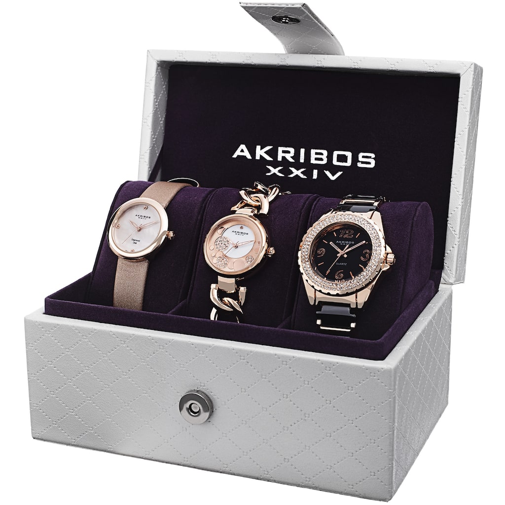 Akribos XXIV Women's Quartz Diamond Dial Rose-Tone Strap/Bracelet Watch Set