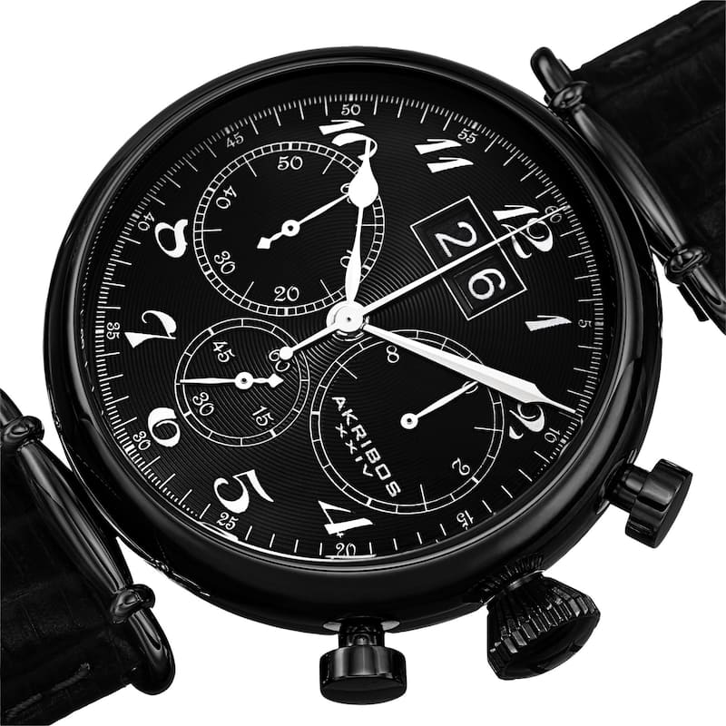 Akribos XXIV Men's Chronograph Black Leather Strap Watch