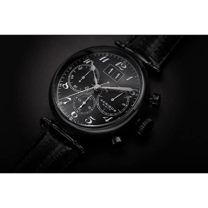 Akribos XXIV Men's Chronograph Black Leather Strap Watch