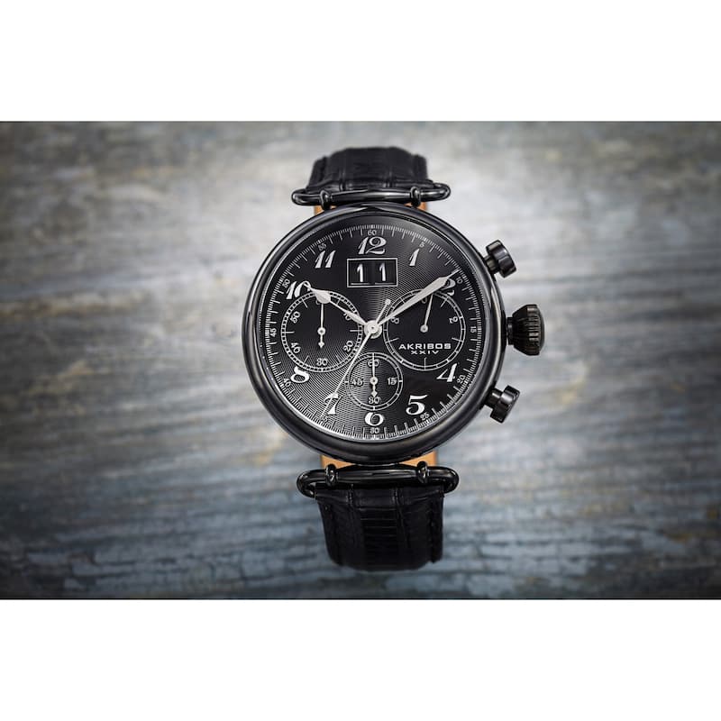 Akribos XXIV Men's Chronograph Black Leather Strap Watch