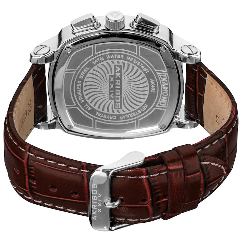Akribos XXIV Men's Diamond Dual Time Swiss Quartz Leather Brown Strap Watch