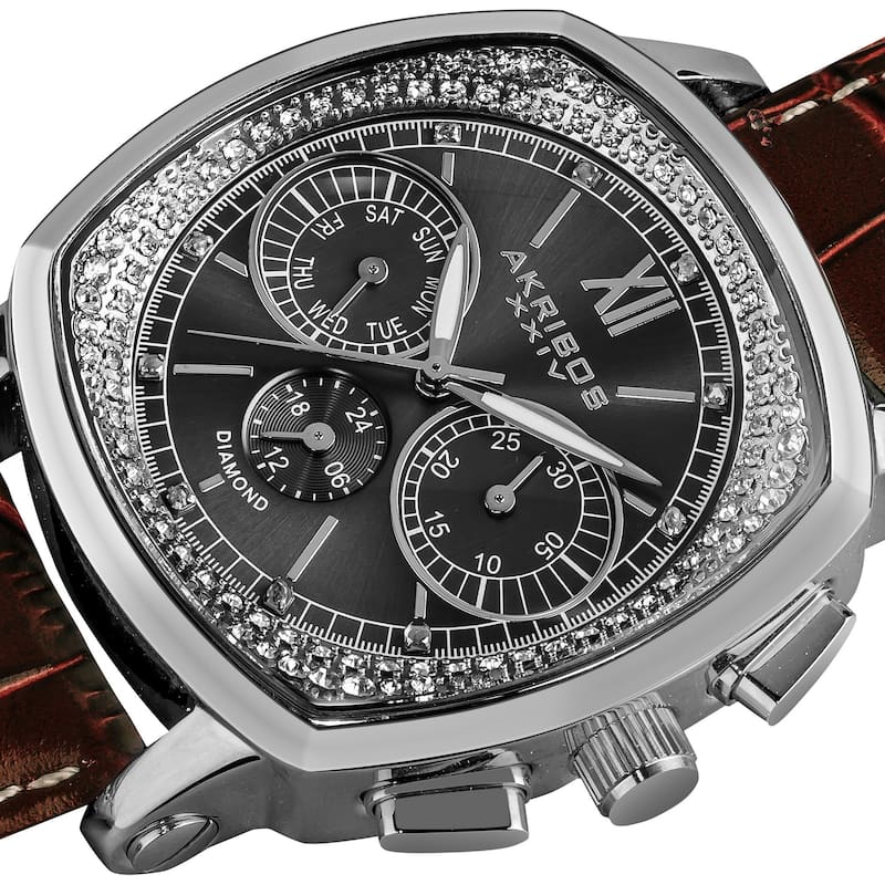 Akribos XXIV Men's Diamond Dual Time Swiss Quartz Leather Brown Strap Watch
