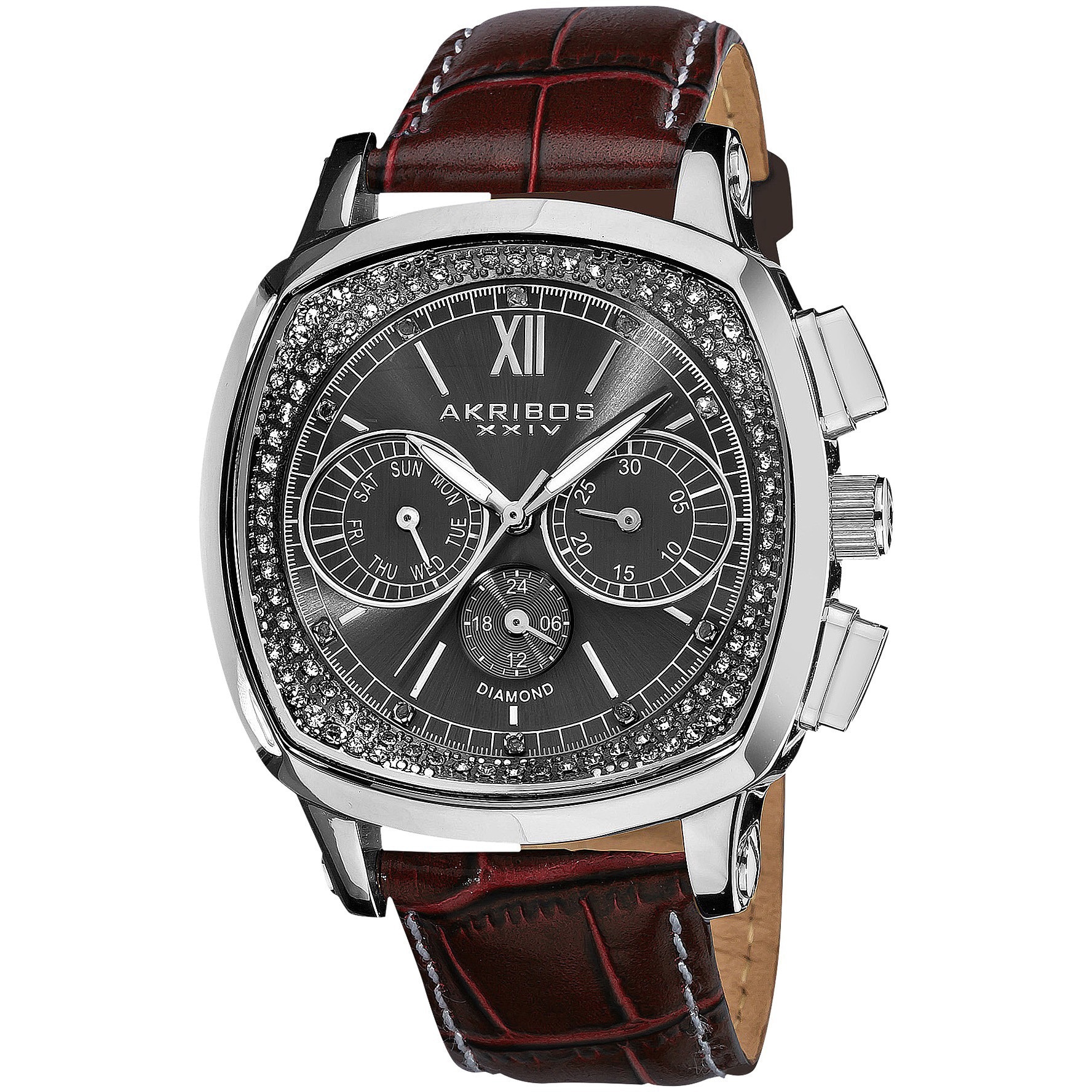 Akribos XXIV Men's Diamond Dual Time Swiss Quartz Leather Brown
