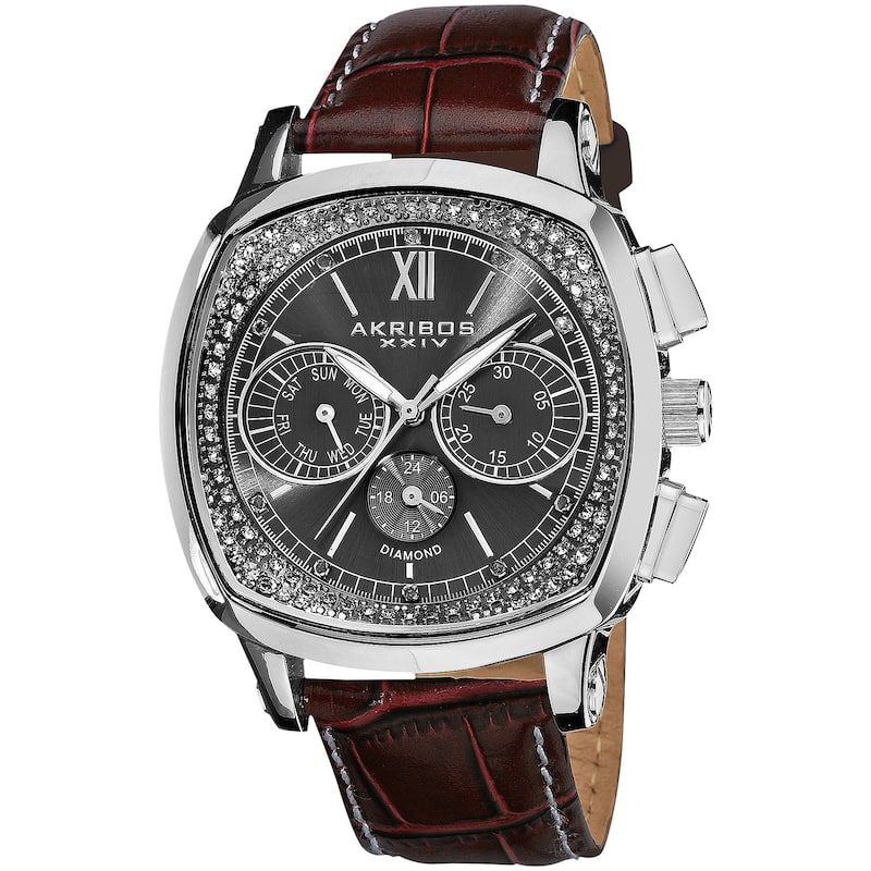 Akribos XXIV Men's Diamond Dual Time Swiss Quartz Leather Brown Strap Watch