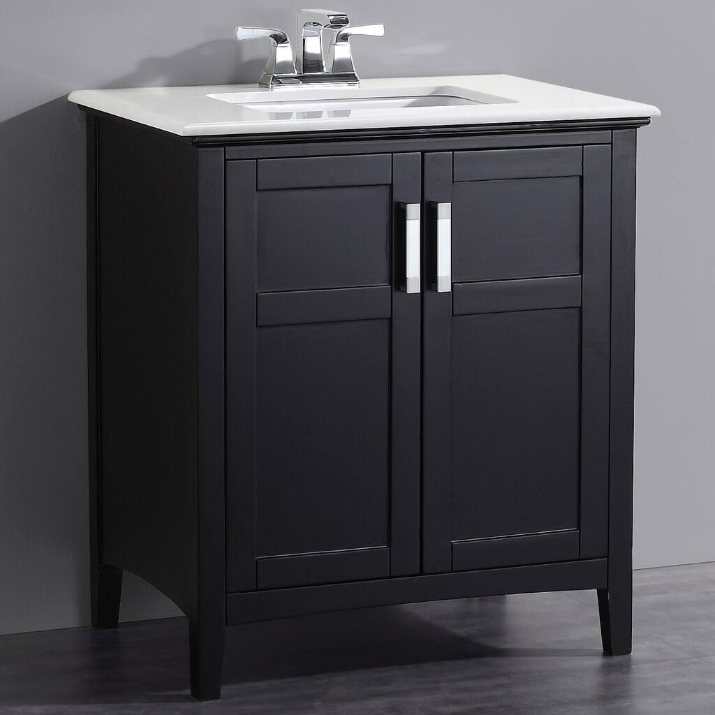 WYNDENHALL Salem 30 inch Contemporary Bath Vanity in Black with Bombay White Engineered Quartz Marble Extra Thick Top