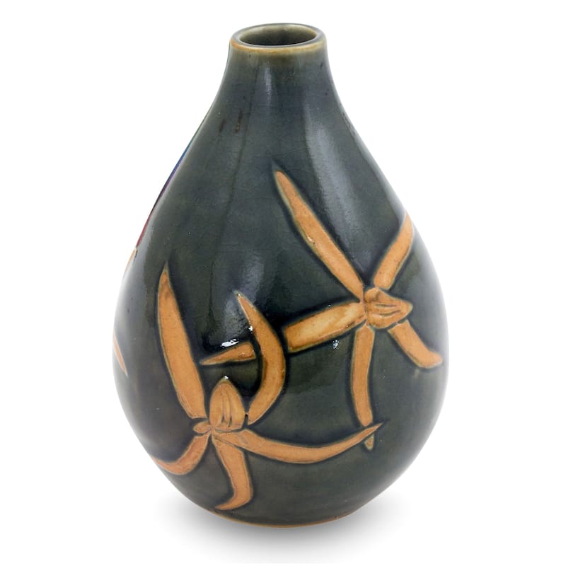 Handmade Celadon Ceramic 'dragonfly Orchids' Vase (thailand) - Bed Bath 