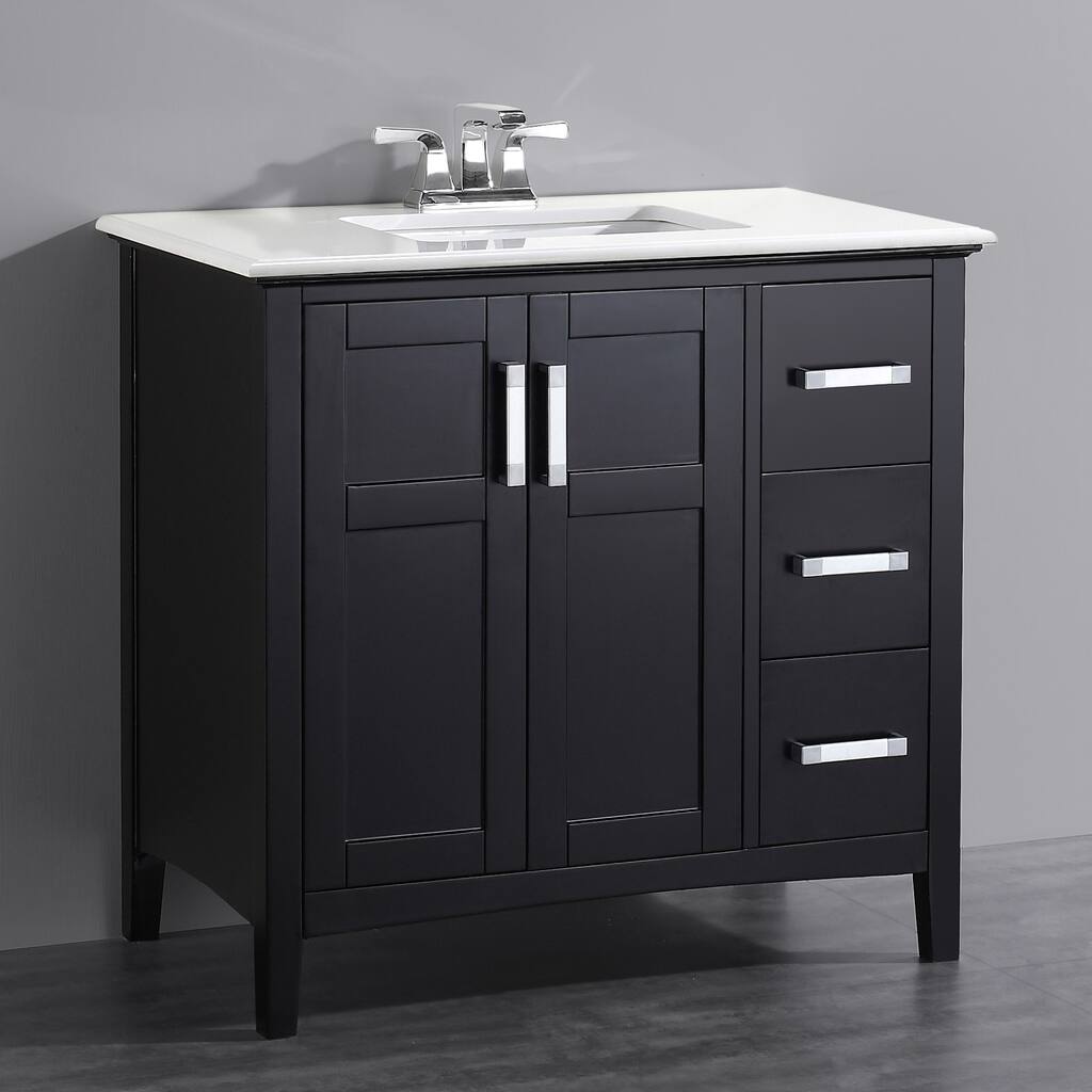 WYNDENHALL Salem 36 inch Contemporary Bath Vanity in Black with Bombay White Engineered Quartz Marble Extra Thick Top