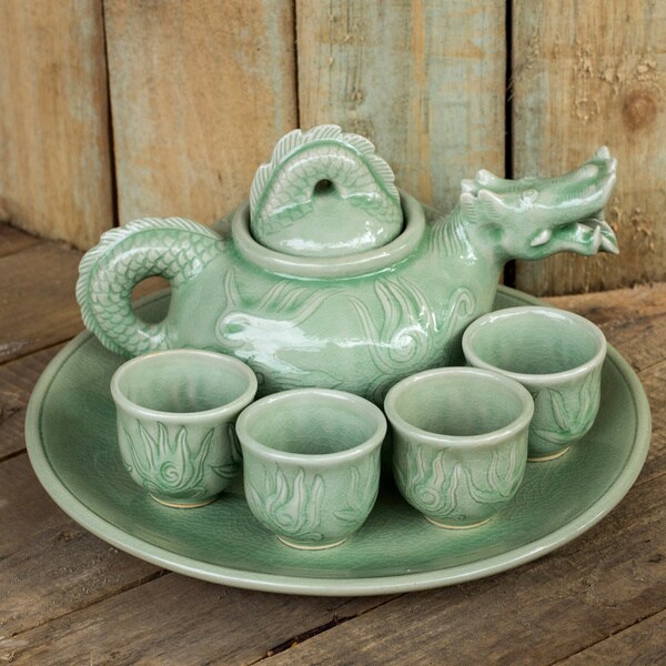 Shop Handmade Set for 4 Celadon Ceramic 'Green Dragon' Tea Set