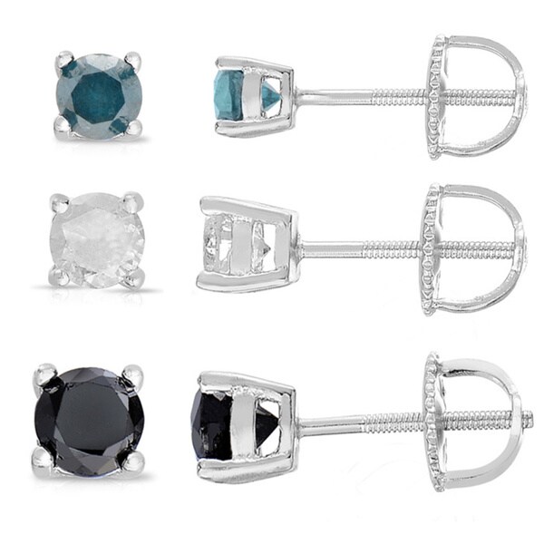 Finesque Sterling Silver 3-pair Diamond Stud Earring Set
