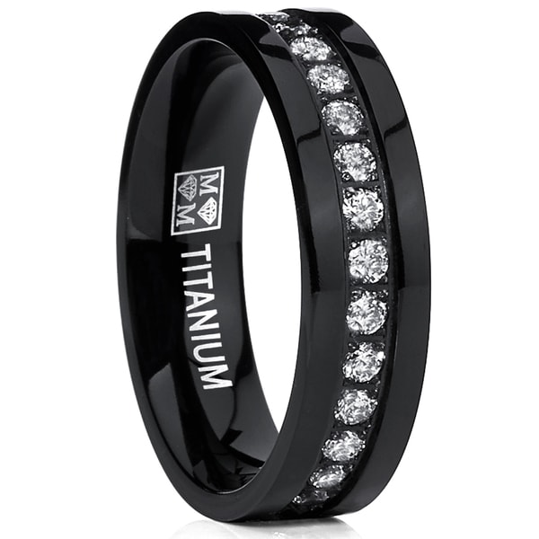 Oliveti Mens Black Titanium Cubic Zirconia Eternity Titanium Comfort Fit Ring Free Shipping 3142