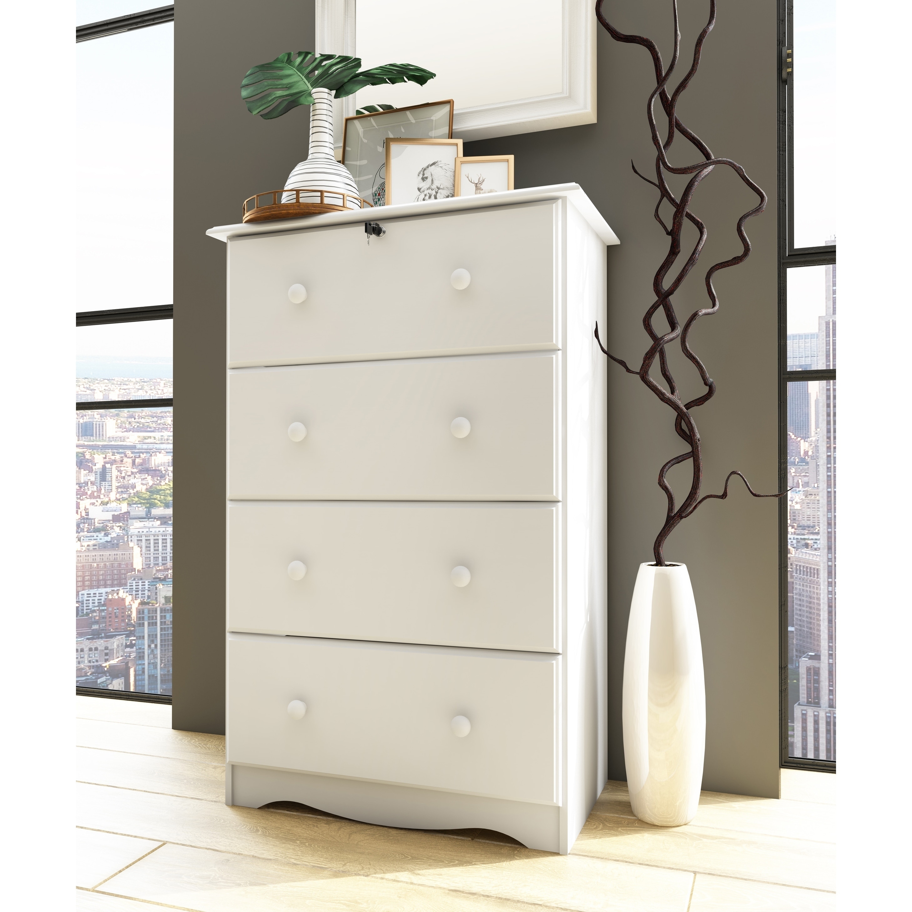 dresser with mirror and lights