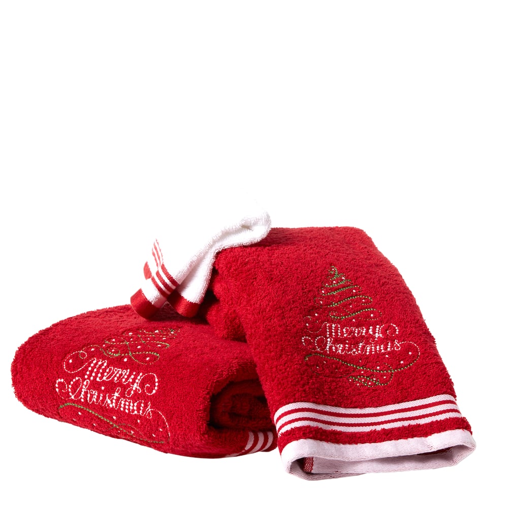 Depera Merry Christmas Tree Embroidered Turkish Cotton 3-piece Towel Set