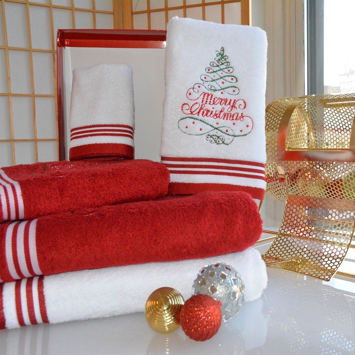 Enchante Merry Christmas Tree Embroidered Turkish Cotton 3-piece Towel ...