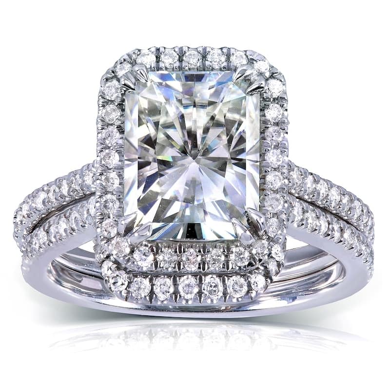 Annello by Kobelli 14k White Gold 3 1/6ct TGW Radiant-cut Moissanite and Diamond Halo Bridal Ring Set - 4