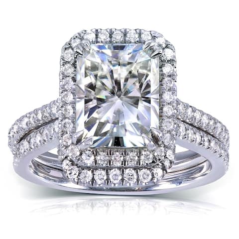 Annello by Kobelli 14k White Gold 3 1/6ct TGW Radiant-cut Moissanite and Diamond Halo Bridal Ring Set